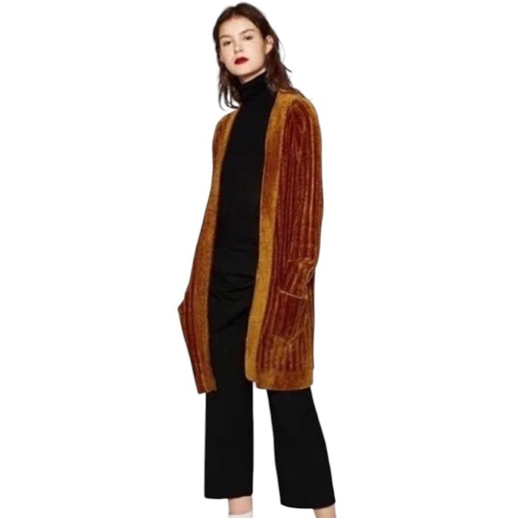 Zara Gold Brown Chenille Open Cardigan Duster Sweater Size L Cozy Knit Grandpa - Picture 1 of 6